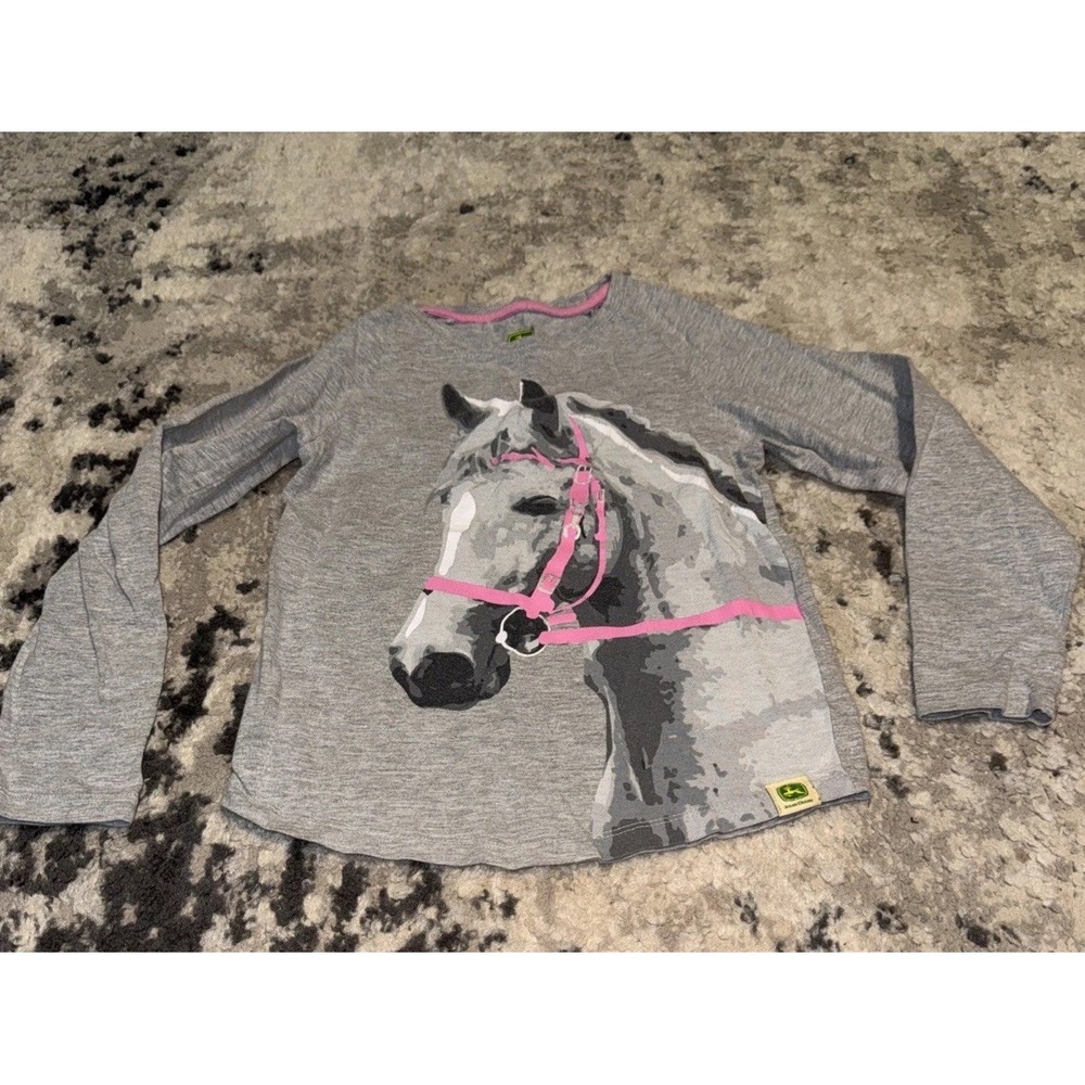 John Deere Youth Girls Sz 6 Long Sleeve Gray Horse Tee Shirt